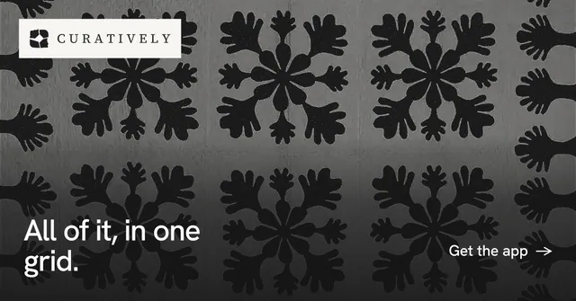 Social ad for Curatively: "All of it, in one grid." Editorial style, image led layout, dark palette in black, grey.