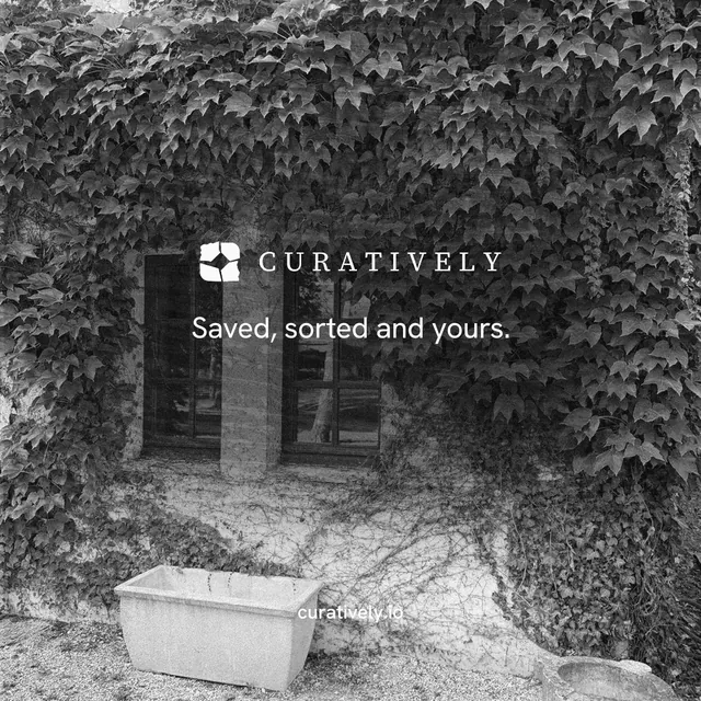 Instagram post for Curatively: "Saved, sorted and yours." Minimal luxury style, end card layout, dark palette in grey, black.