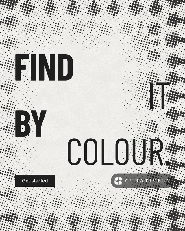 Instagram portrait post for Curatively: "Find it by colour." Retro print style, stacked layout, light palette in grey, white.