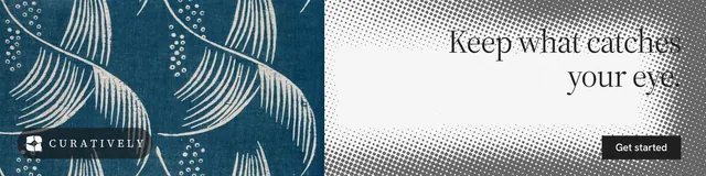 LinkedIn banner for Curatively: "Keep what catches your eye." Split block style, right layout, light palette in grey, blue, white.