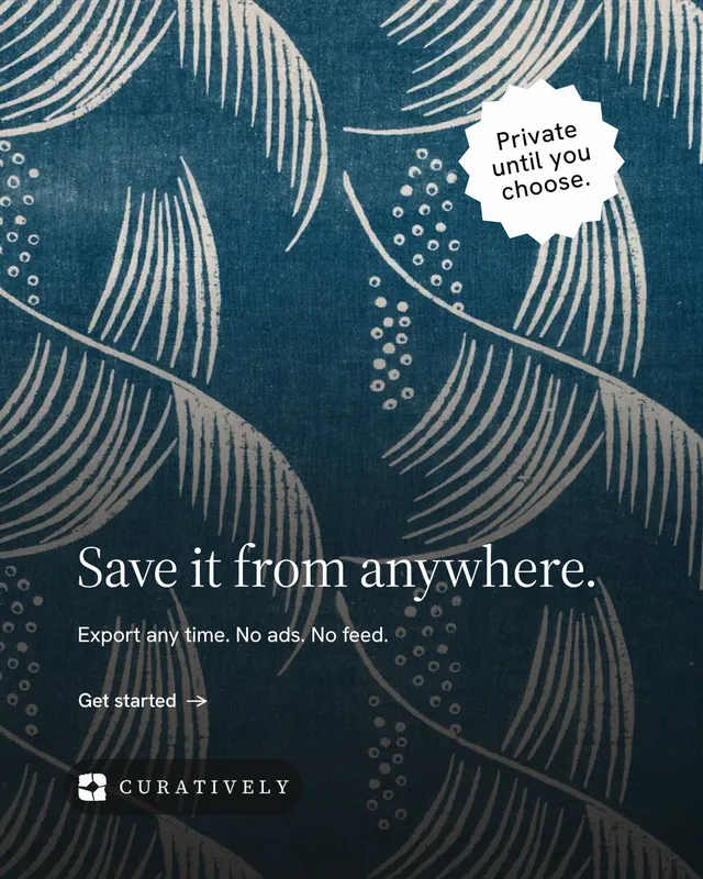 Instagram portrait post for Curatively: "Save it from anywhere." Minimal luxury style, sticker layout, dark palette in blue, black, grey.