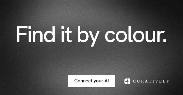 Social ad for Curatively: "Find it by colour." Swiss style, centred layout, dark palette in black, grey.