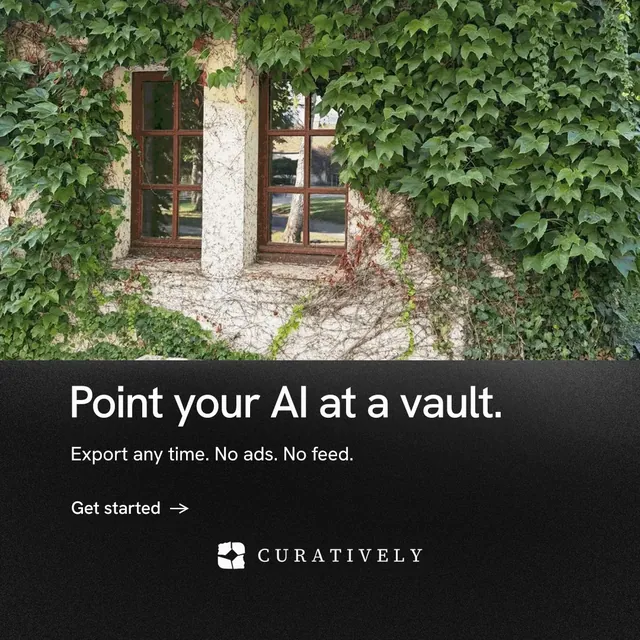 Instagram post for Curatively: "Point your AI at a vault." Minimal luxury style, bottom layout, dark palette in green, black, grey.