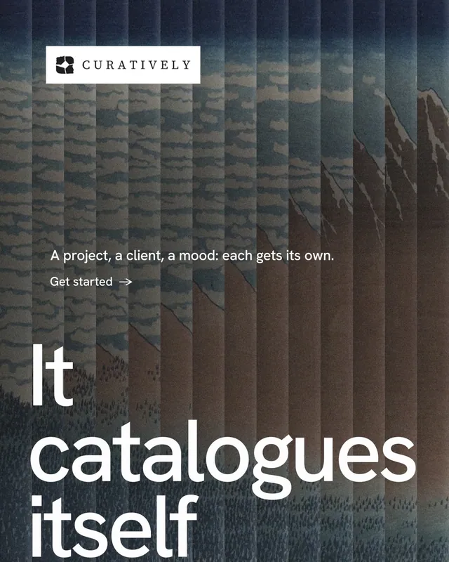Instagram portrait post for Curatively: "Saved, sorted and yours." Minimal luxury style, oversized layout, dark palette in grey, black.
