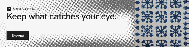 LinkedIn banner for Curatively: "Keep what catches your eye." Split block style, skeleton layout, light palette in grey, white.