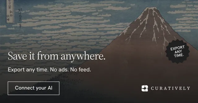 Social ad for Curatively: "Save it from anywhere." Editorial style, sticker layout, dark palette in grey, black.