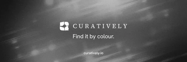 X header for Curatively: "Find it by colour." Swiss style, end card layout, dark palette in grey, black.