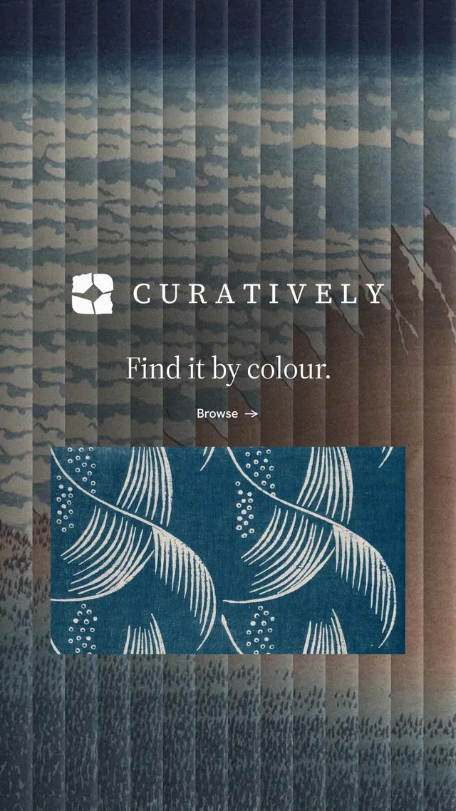 Instagram story for Curatively: "Find it by colour." Minimal luxury style, logo hero layout, dark palette in grey, blue.