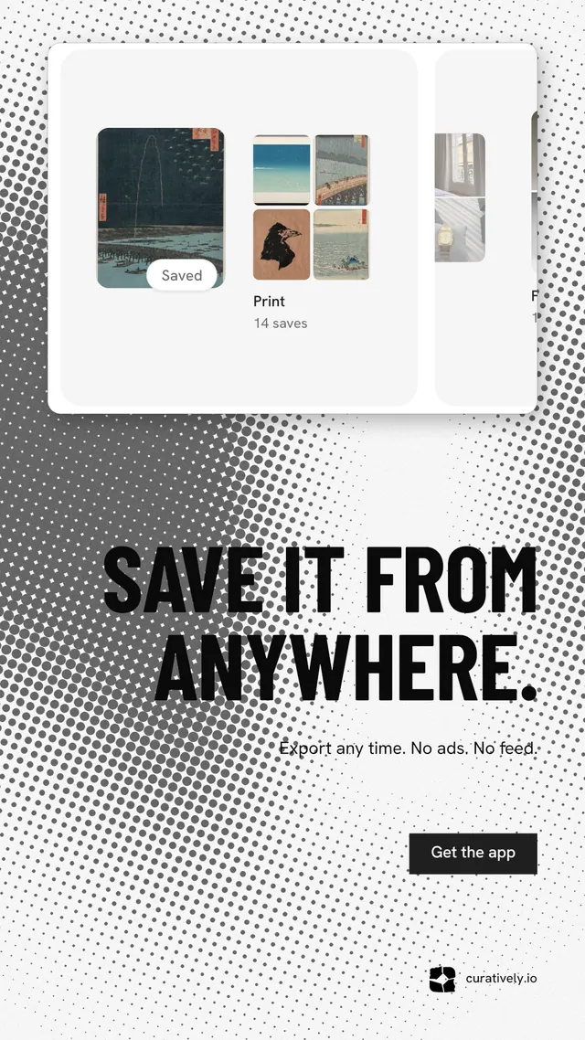 Instagram story for Curatively: "Save it from anywhere." Retro print style, right layout, light palette in white, grey.