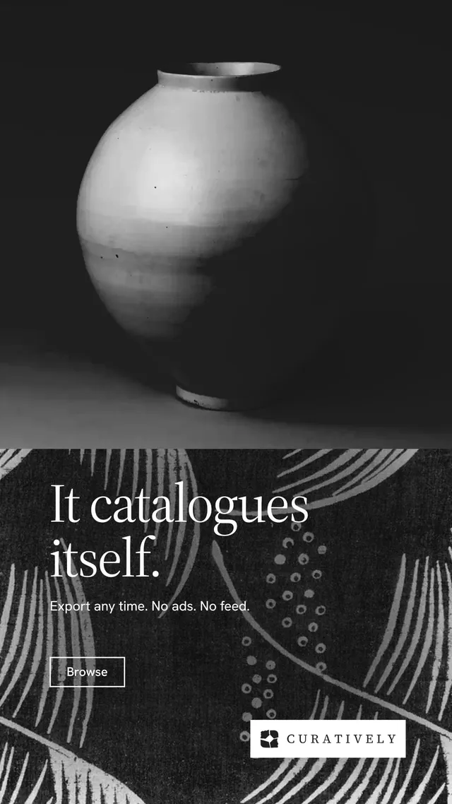 Instagram story for Curatively: "It catalogues itself." Editorial style, bottom layout, dark palette in black, grey.