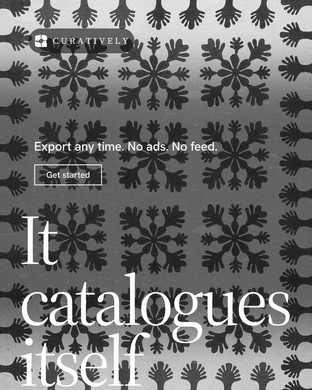 Instagram portrait post for Curatively: "Then build from it." Editorial style, oversized layout, dark palette in grey, black, white.