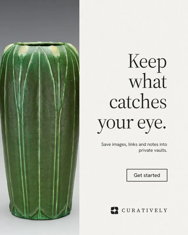 Instagram portrait post for Curatively: "Keep what catches your eye." Editorial style, right layout, light palette in white, green, grey.