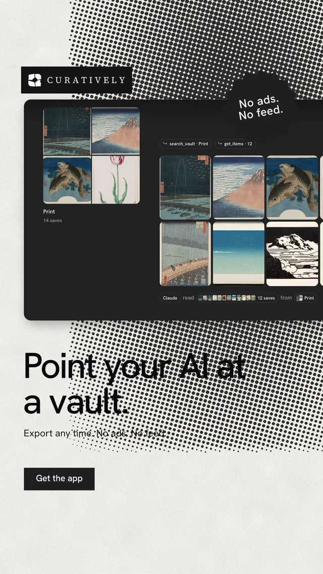Instagram story for Curatively: "Point your AI at a vault." Swiss style, sticker layout, light palette in grey, black, white.