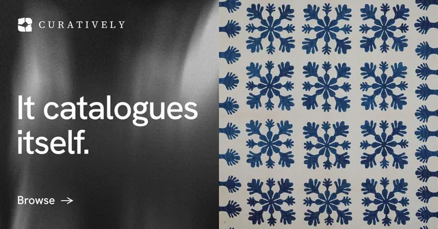 Social ad for Curatively: "It catalogues itself." Minimal luxury style, bottom layout, dark palette in black, grey.
