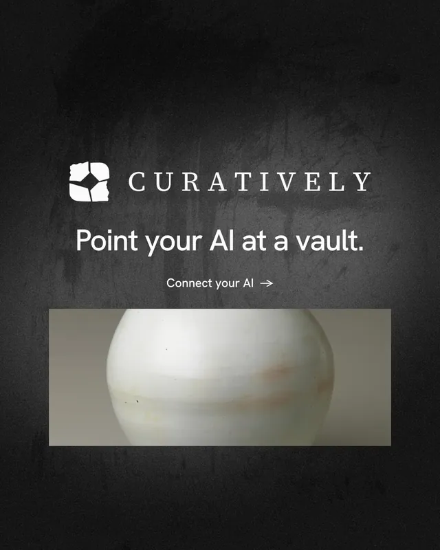 Instagram portrait post for Curatively: "Point your AI at a vault." Minimal luxury style, logo hero layout, dark palette in black, grey.