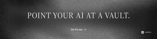 LinkedIn banner for Curatively: "Point your AI at a vault." Minimal luxury style, centred layout, dark palette in black, grey.