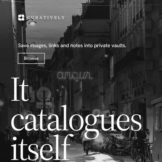 Instagram post for Curatively: "Find it by colour." Editorial style, oversized layout, dark palette in black, grey.