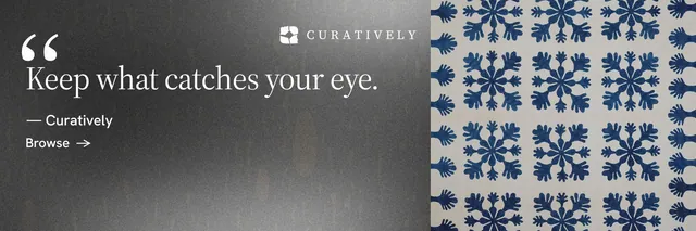 X header for Curatively: "Saved, sorted and yours." Minimal luxury style, quote layout, dark palette in grey, black.
