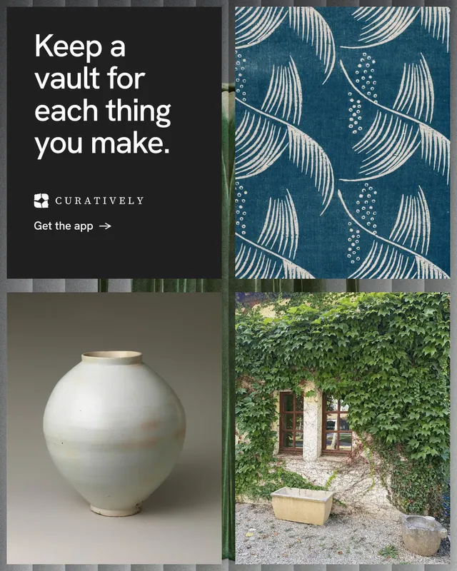 Instagram portrait post for Curatively: "Keep a vault for each thing you make." Minimal luxury style, collage layout, dark palette in grey, black.