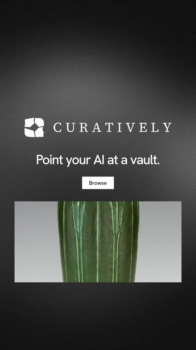 Instagram story for Curatively: "Point your AI at a vault." Swiss style, logo hero layout, dark palette in grey, black.