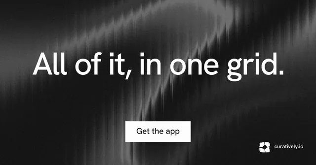 Social ad for Curatively: "All of it, in one grid." Swiss style, centred layout, dark palette in black, grey.
