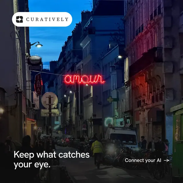 Instagram post for Curatively: "Keep what catches your eye." Photo poster style, image led layout, dark palette in black, blue, pink.