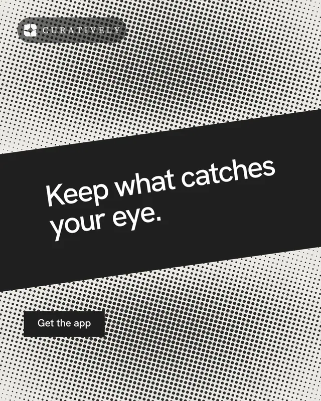 Instagram portrait post for Curatively: "Keep what catches your eye." Swiss style, diagonal layout, light palette in grey, black.