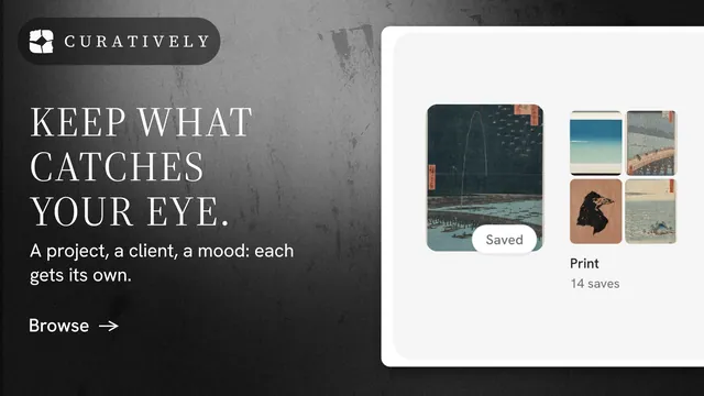 Landscape graphic for Curatively: "Keep what catches your eye." Minimal luxury style, bottom layout, light palette in white, black, grey.
