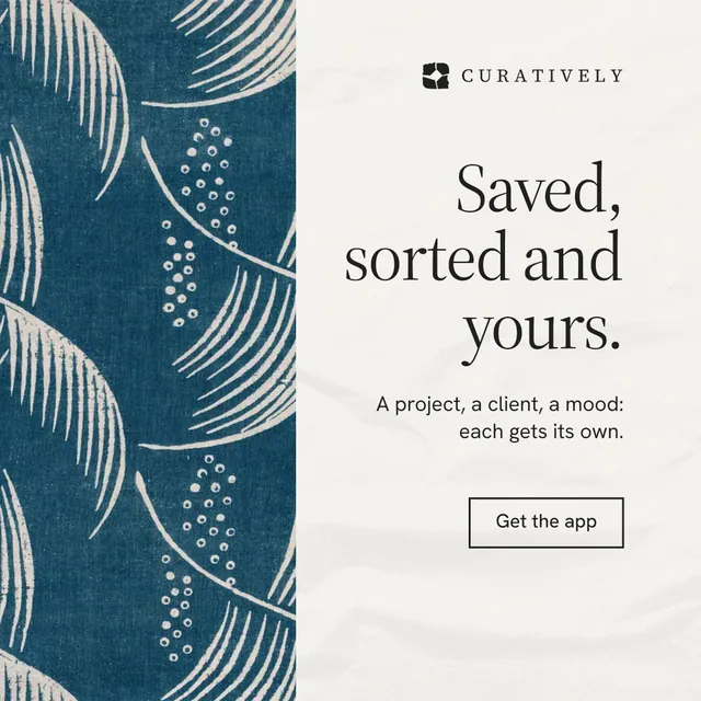 Instagram post for Curatively: "Saved, sorted and yours." Editorial style, right layout, light palette in blue, white, grey.