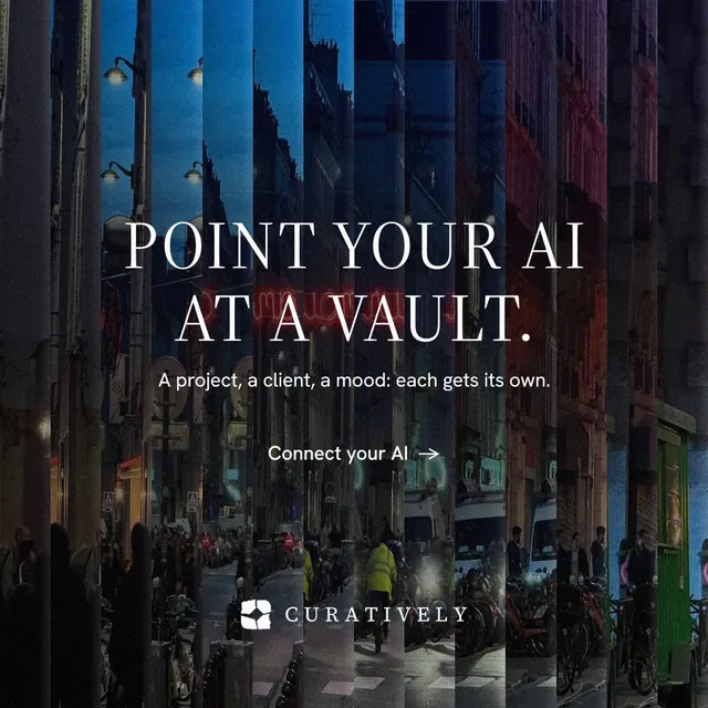 Instagram post for Curatively: "Point your AI at a vault." Minimal luxury style, centred layout, dark palette in black, blue.
