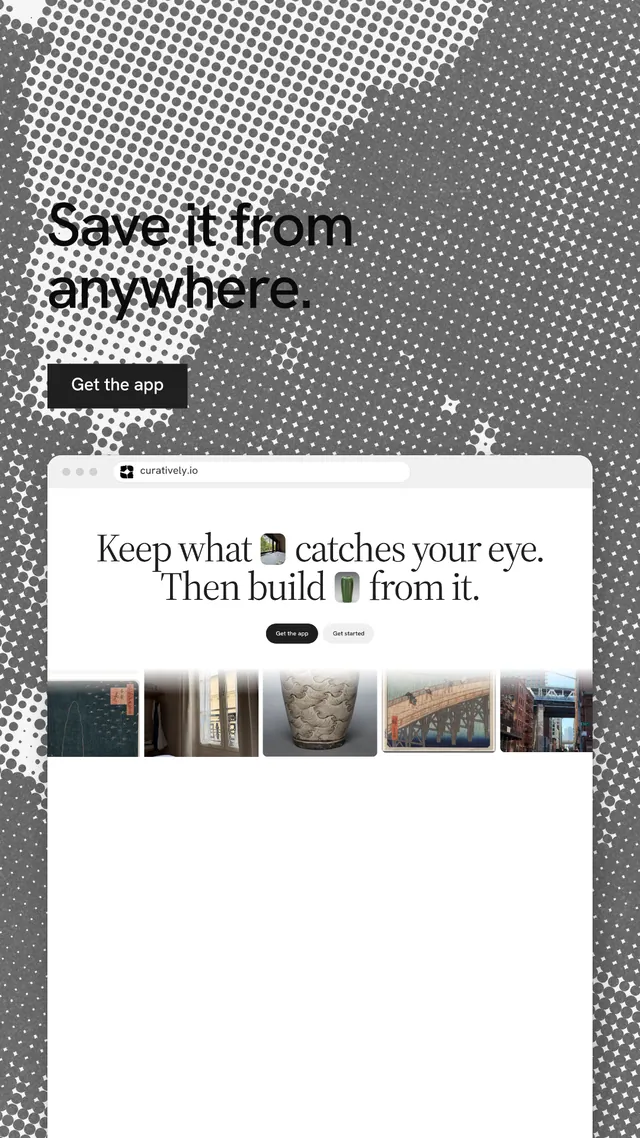 Instagram story for Curatively: "Save it from anywhere." Swiss style, browser layout, light palette in white, grey.