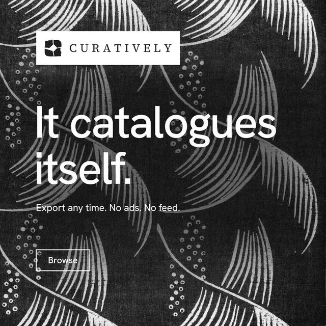 Instagram post for Curatively: "It catalogues itself." Editorial style, announce layout, dark palette in black, grey.