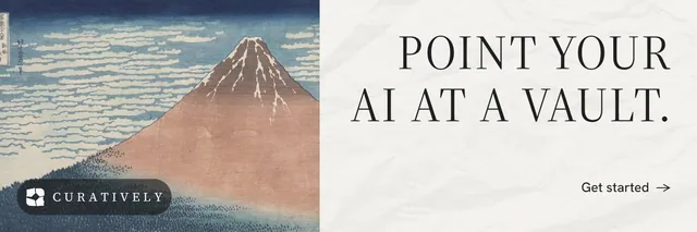 X header for Curatively: "Point your AI at a vault." Minimal luxury style, right layout, light palette in grey, white.