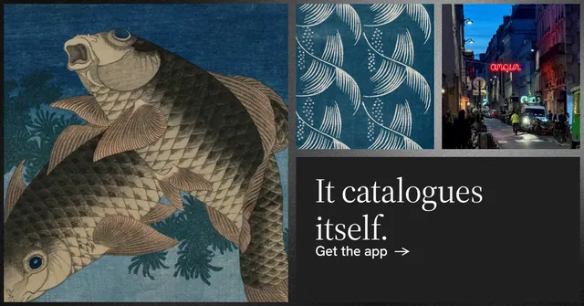 Social ad for Curatively: "It catalogues itself." Minimal luxury style, collage layout, dark palette in black, grey, blue.