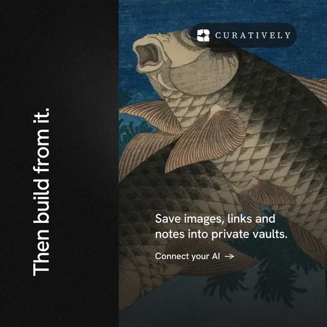 Instagram post for Curatively: "Then build from it." Minimal luxury style, vertical layout, dark palette in black, grey.
