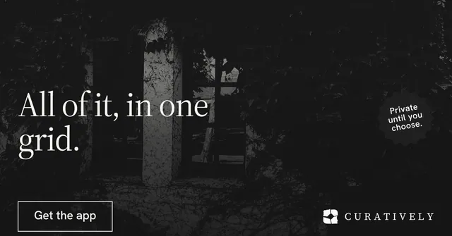Social ad for Curatively: "All of it, in one grid." Editorial style, sticker layout, dark palette in black, grey.