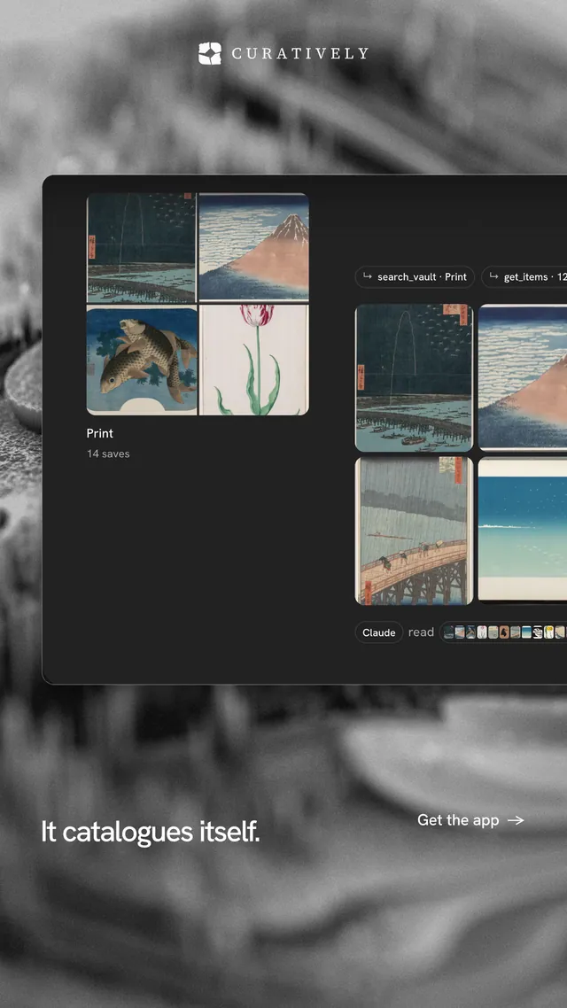 Instagram story for Curatively: "It catalogues itself." Swiss style, image led layout, dark palette in grey, black.