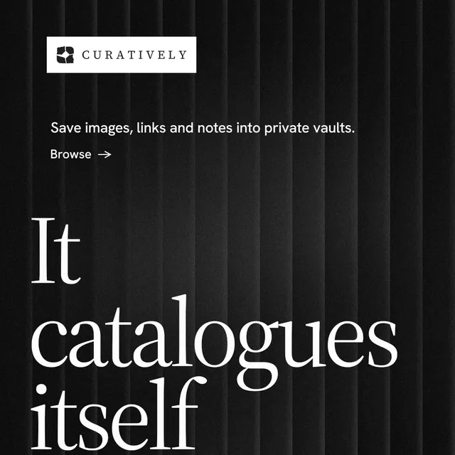 Instagram post for Curatively: "Keep what catches your eye." Minimal luxury style, oversized layout, dark palette in black, grey.