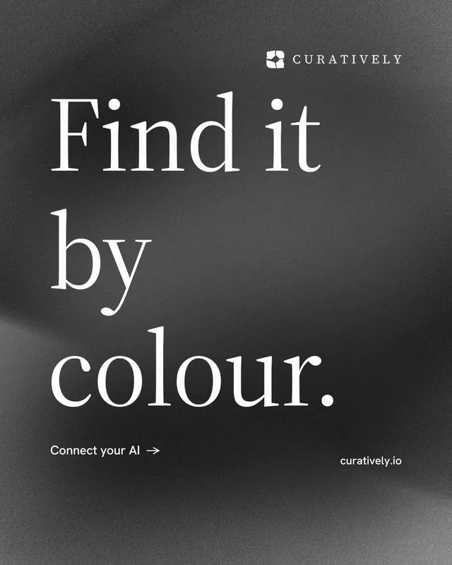Instagram portrait post for Curatively: "Find it by colour." Minimal luxury style, poster layout, dark palette in black, grey.