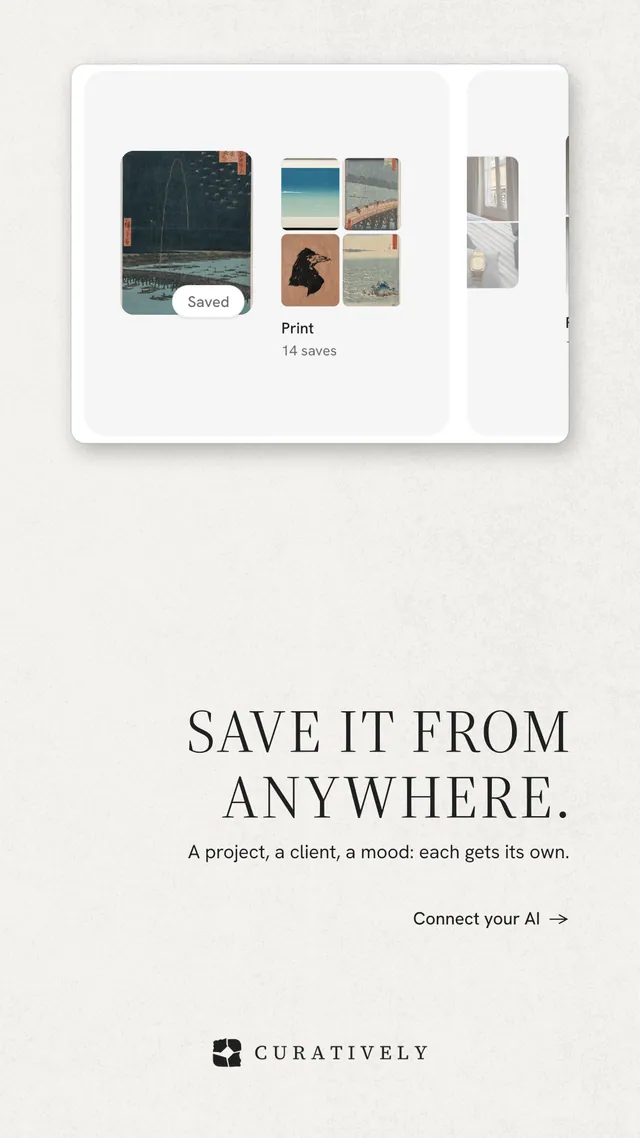 Instagram story for Curatively: "Save it from anywhere." Minimal luxury style, right layout, light palette in white, grey.