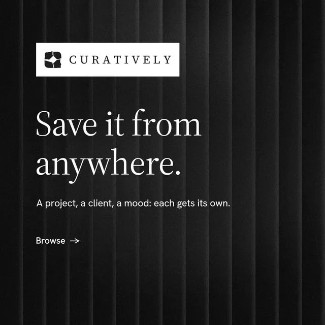 Instagram post for Curatively: "Save it from anywhere." Minimal luxury style, announce layout, dark palette in black, grey.