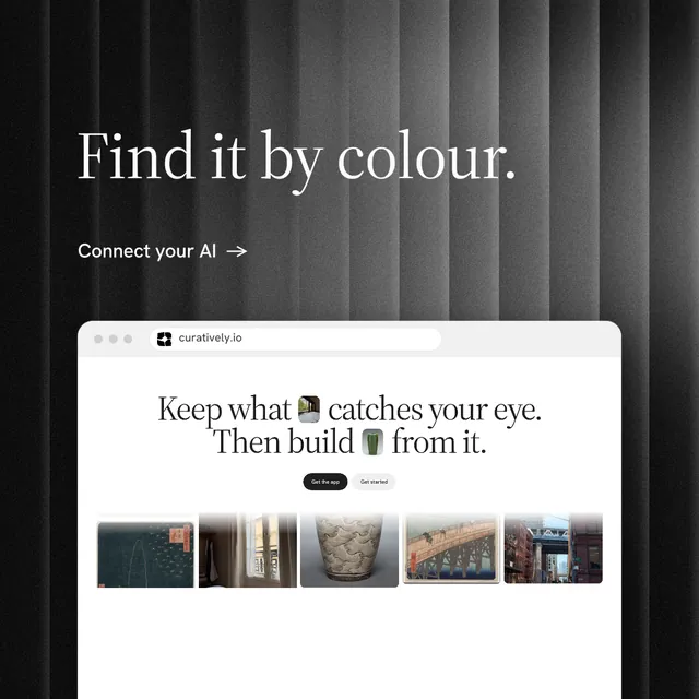Instagram post for Curatively: "Find it by colour." Minimal luxury style, browser layout, light palette in grey, black, white.