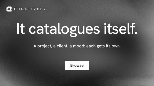 Landscape graphic for Curatively: "It catalogues itself." Swiss style, centred layout, dark palette in grey, black.