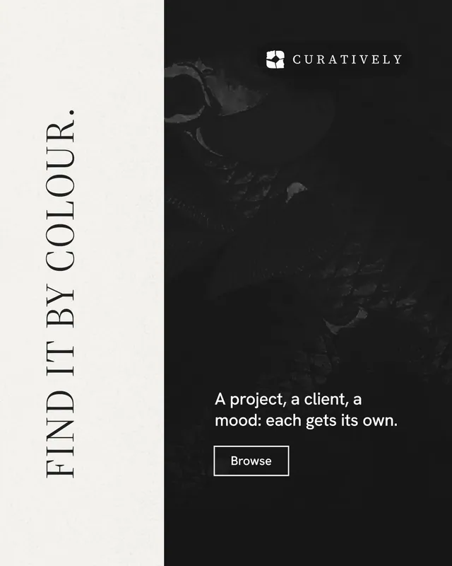 Instagram portrait post for Curatively: "Find it by colour." Editorial style, vertical layout, dark palette in black, white.