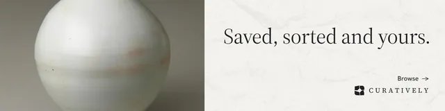 LinkedIn banner for Curatively: "Saved, sorted and yours." Minimal luxury style, right layout, light palette in grey, white.