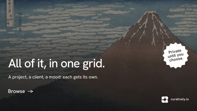 Landscape graphic for Curatively: "All of it, in one grid." Minimal luxury style, sticker layout, dark palette in black, grey.