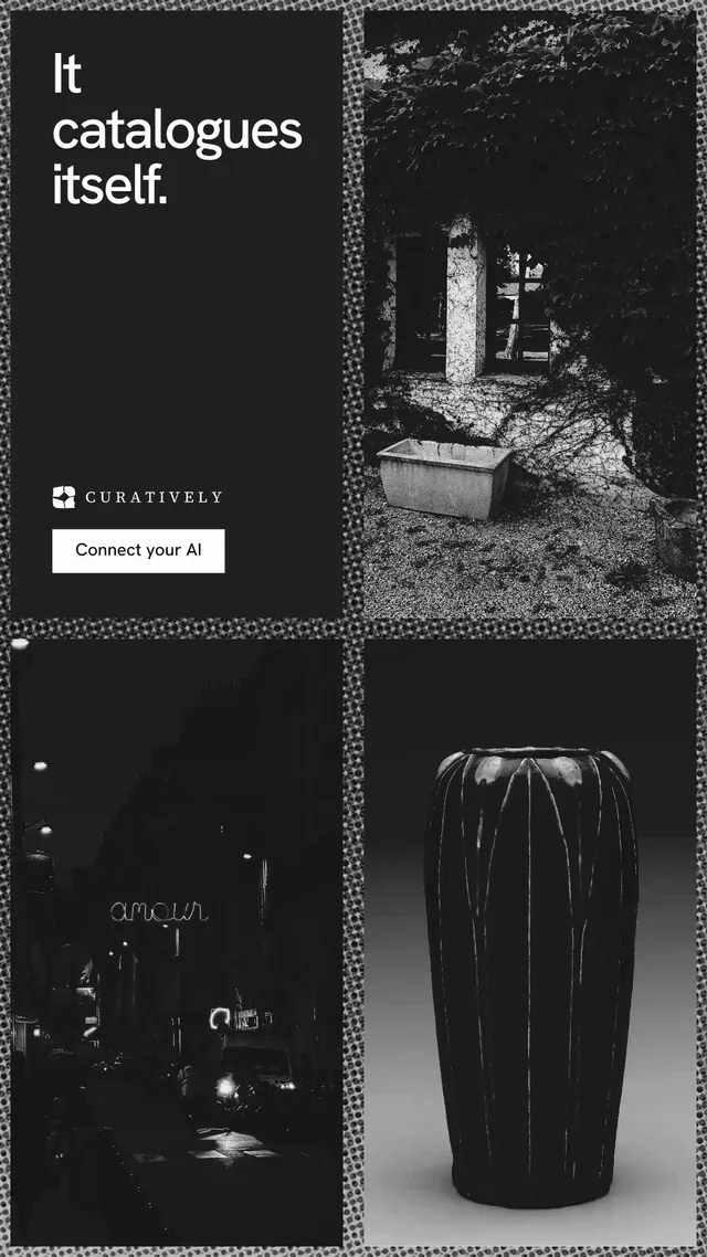 Instagram story for Curatively: "It catalogues itself." Swiss style, collage layout, dark palette in black, grey.