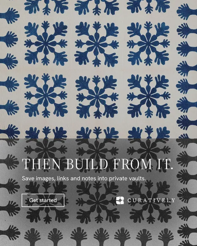 Instagram portrait post for Curatively: "Then build from it." Editorial style, bottom layout, light palette in grey, black.