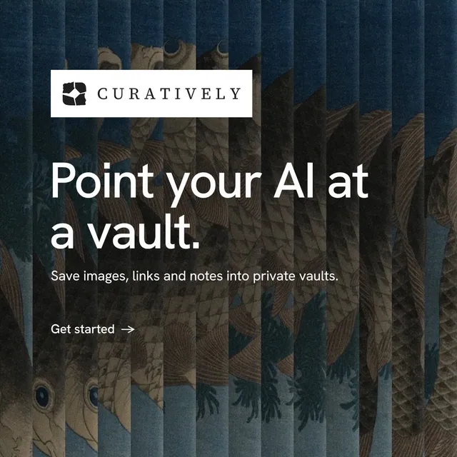 Instagram post for Curatively: "Point your AI at a vault." Minimal luxury style, announce layout, dark palette in black, blue, grey.