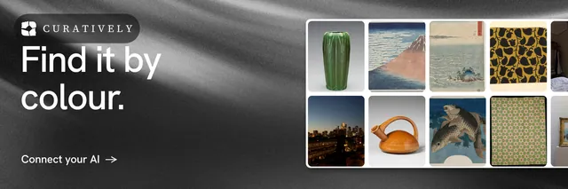 X header for Curatively: "Find it by colour." Minimal luxury style, bottom layout, dark palette in black, grey.